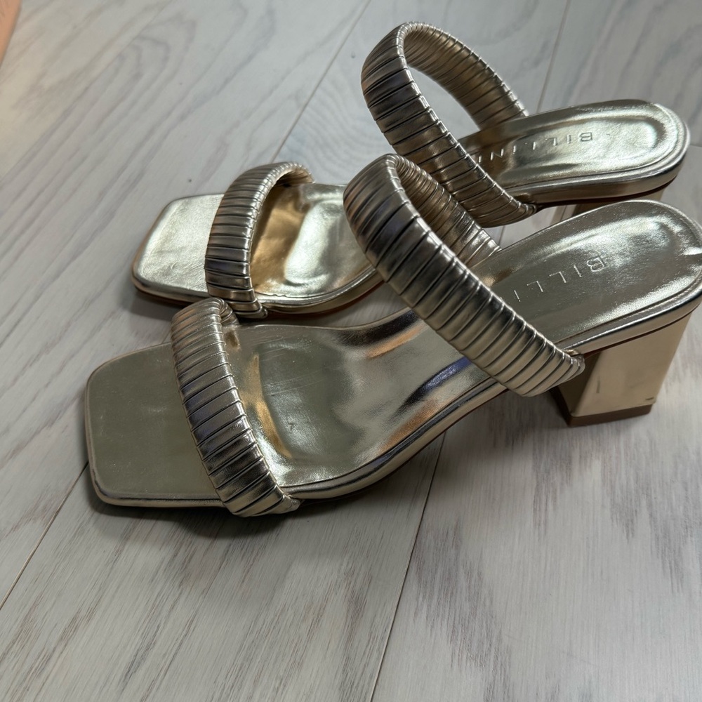 Billini Gold Heels with Textured Strap and Block Heel